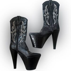 SONORA Santa Fe Flame Platform Boots Black Leather Western Made in Italy